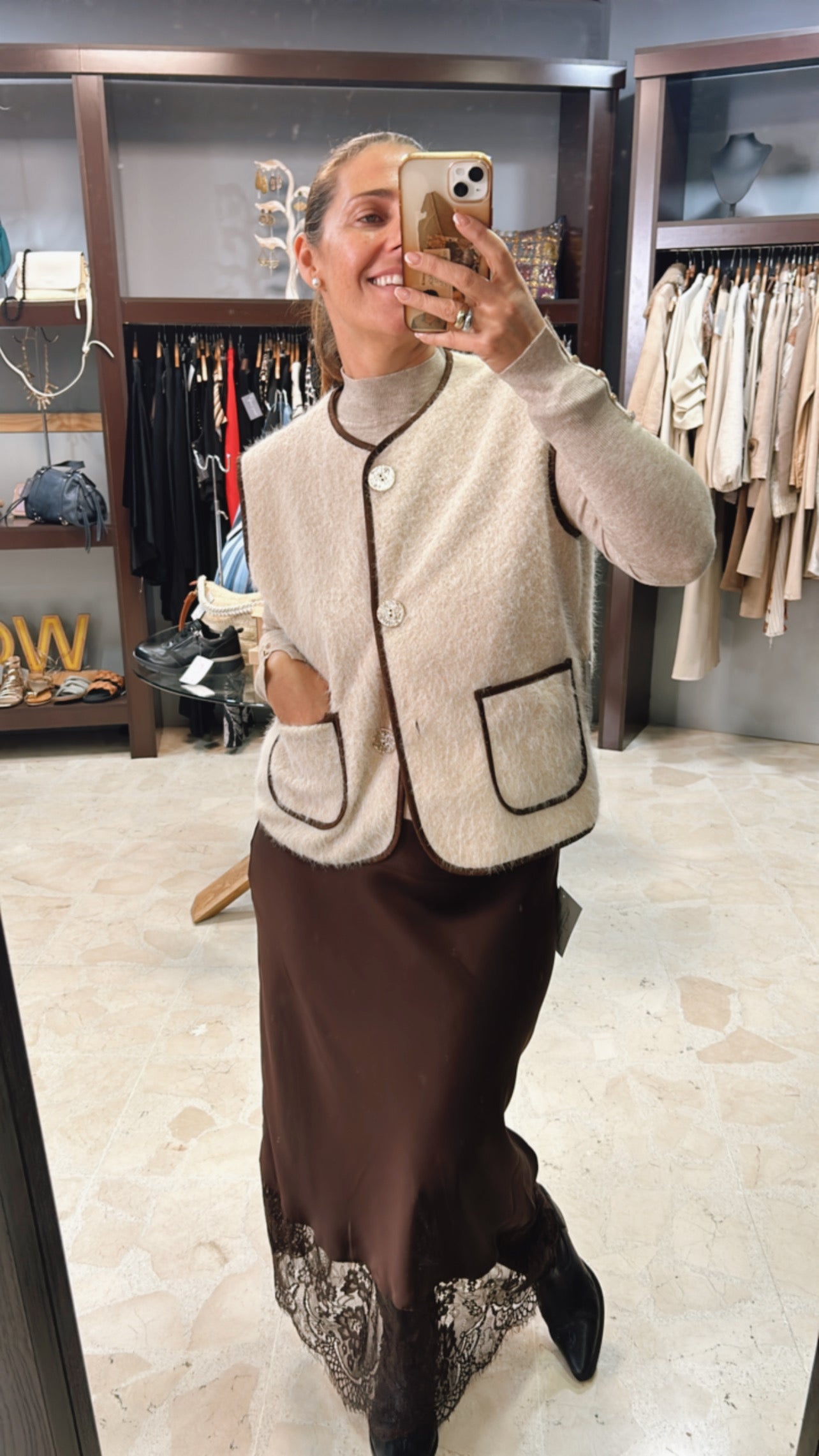 Falda midi satén encaje marrón